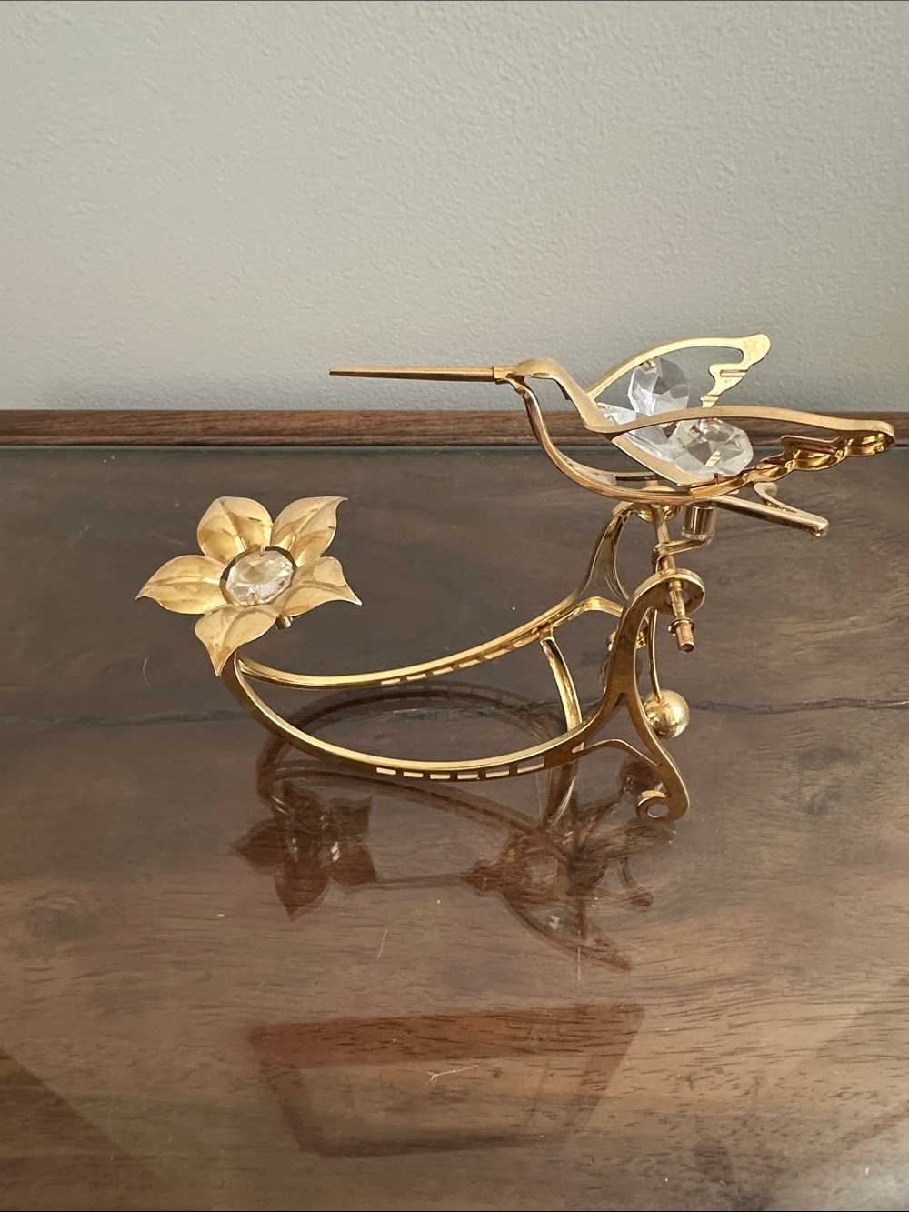 Vintage Crystal Delight 24K Gold Plated Hummingbird Flower Candle Holder Stand